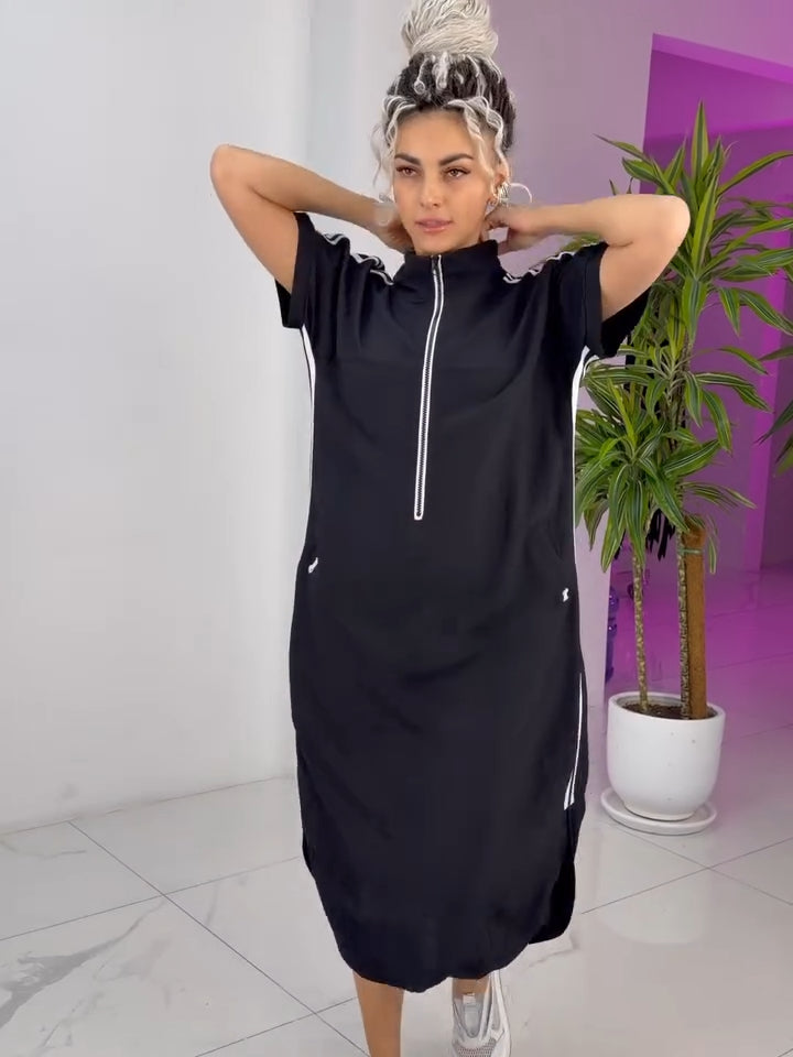 Robe Femme Longue Zippée Col Montant Coupe Fluide Style Sport Chic