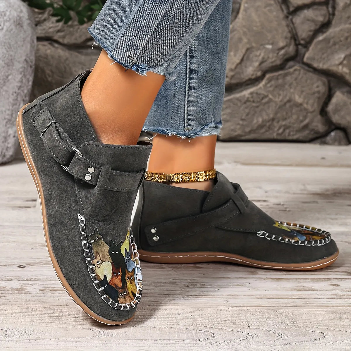 Mocassins femme imprimé chat à enfiler