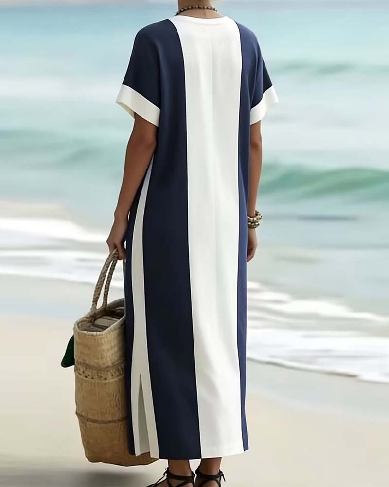 Robe midi femme à rayures verticales et fente latérale