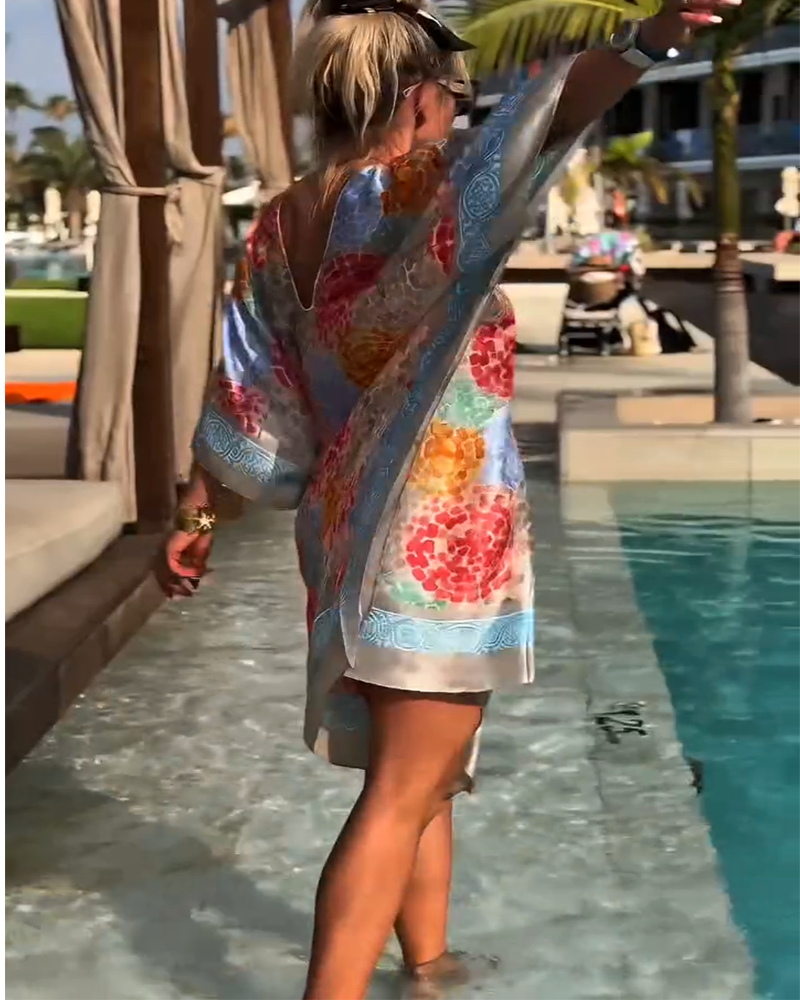 Robe de plage femme imprimée avec manches chauve-souris fluides