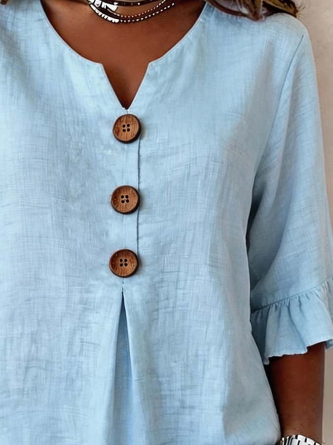 Chemisier Femme Uni Manches Bouffantes Boutons Coupe Fluide Décontractée