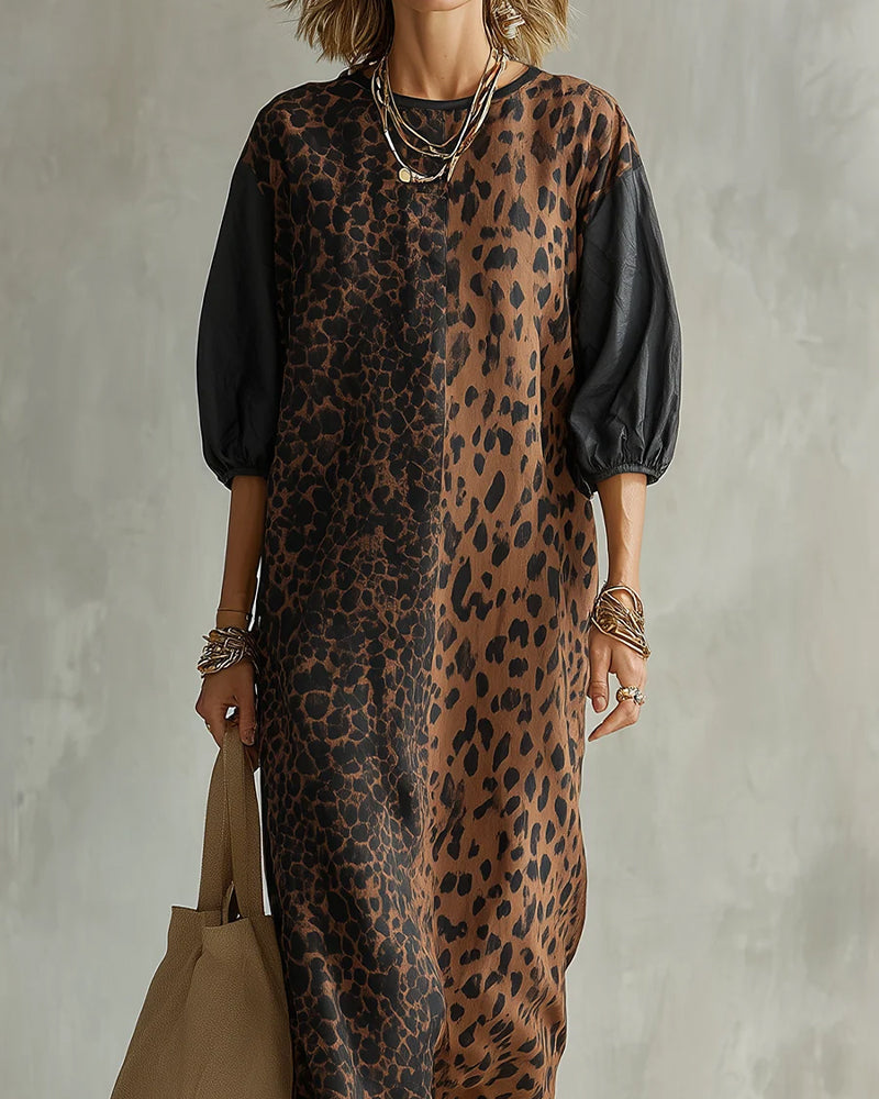 Robe femme léopard fluide à manches bouffantes