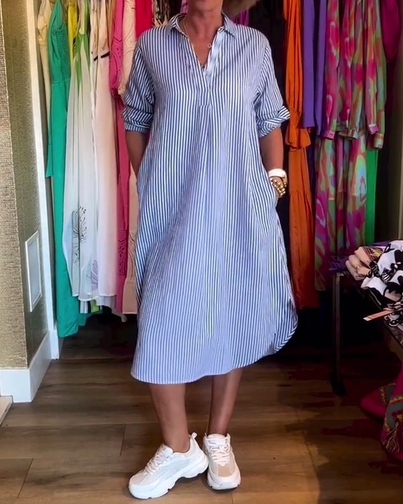 Robe femme chemise rayée fluide col revers manches longues élégante casual