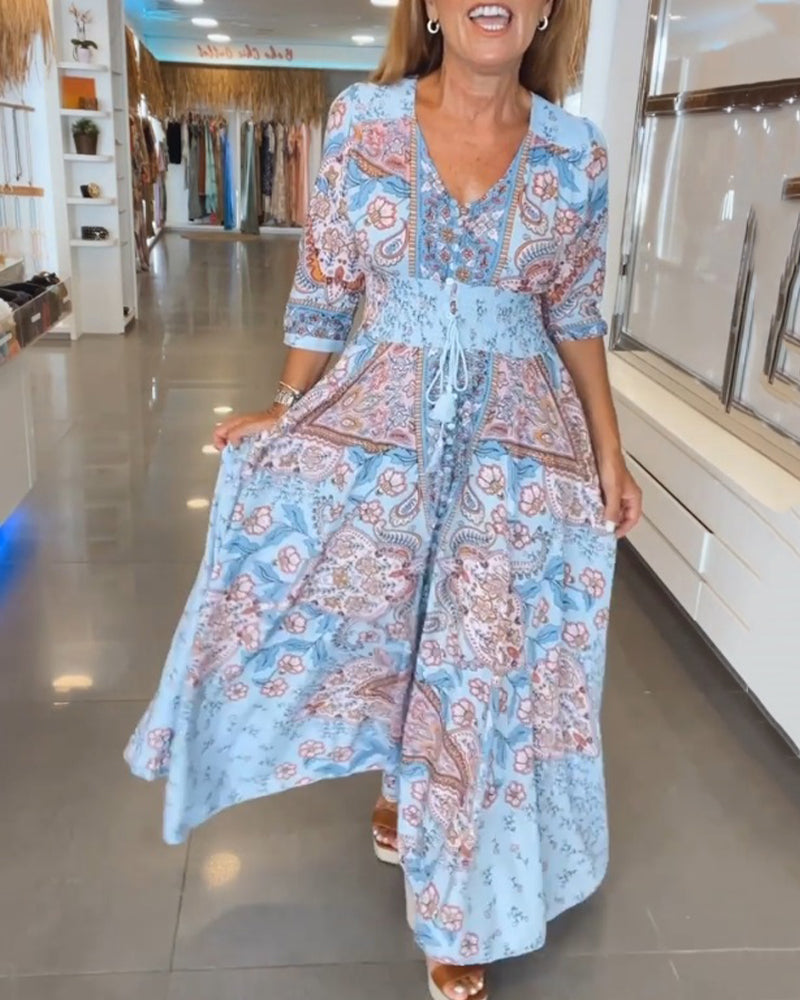 Robe maxi femme imprimée avec col V et taille ajustable
