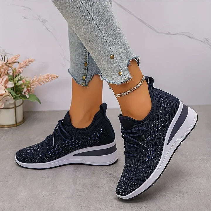 Baskets femme compensées scintillantes en maille respirante