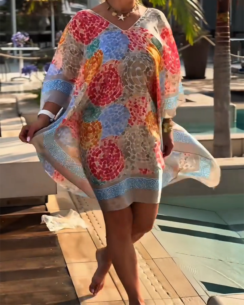 Robe de plage femme imprimée avec manches chauve-souris fluides