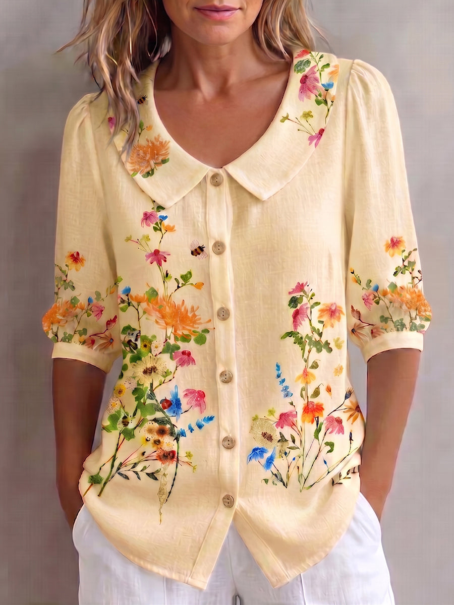 Blouse Femme Fleurie Coton Lin Style Vintage Élégant