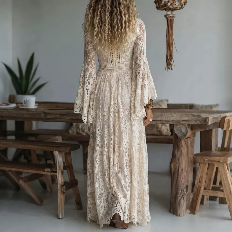 Robe longue femme en dentelle vintage à manches évasées
