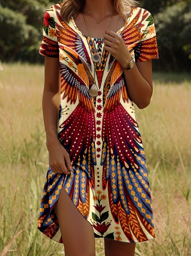Robe Courte à Imprimé Ethnique Coupe Légère à Manches Courtes