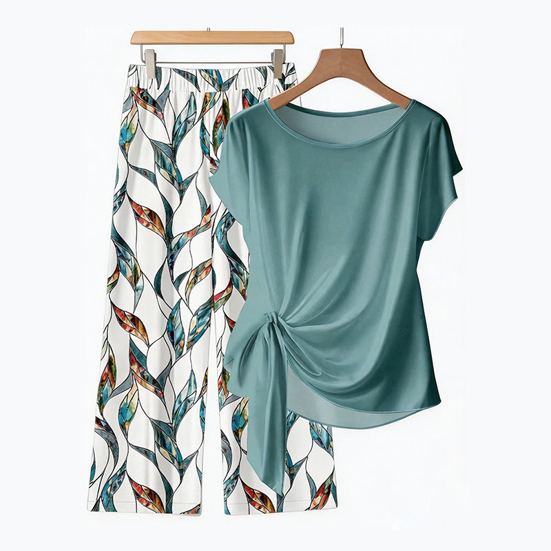 Ensemble femme deux pièces avec top noué et pantalon imprimé fluide