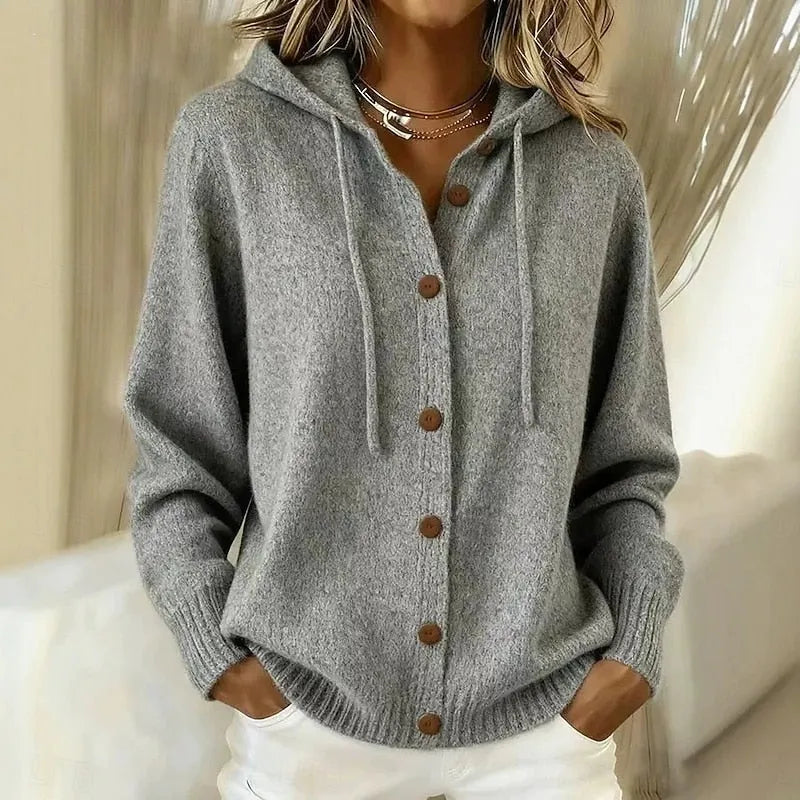 Cardigan femme à capuche boutonné en maille douce