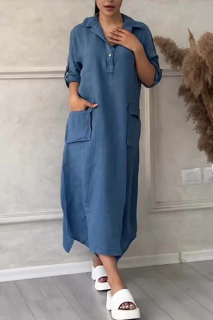 Robe Longue Femme Lin Coton Coupe Ample Col Revers Poches Style Décontracté