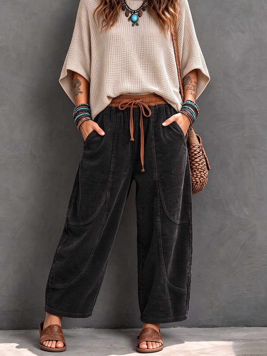 Pantalon harem femme en velours côtelé à taille élastique