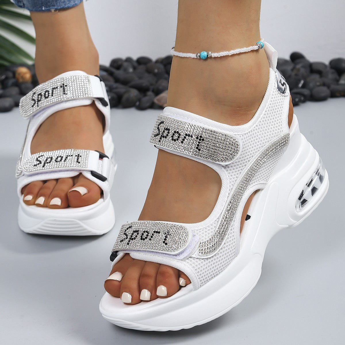 Sandales Femme Plateforme Strass Velcro Semelle Coussin Air Sportives
