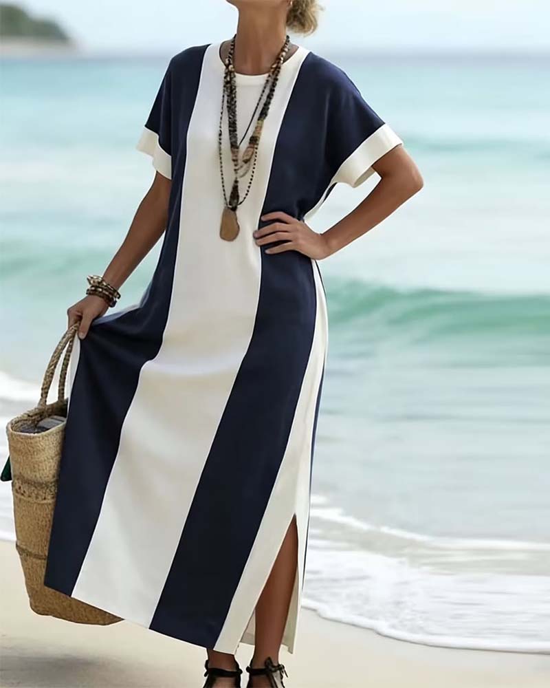 Robe midi femme à rayures verticales et fente latérale