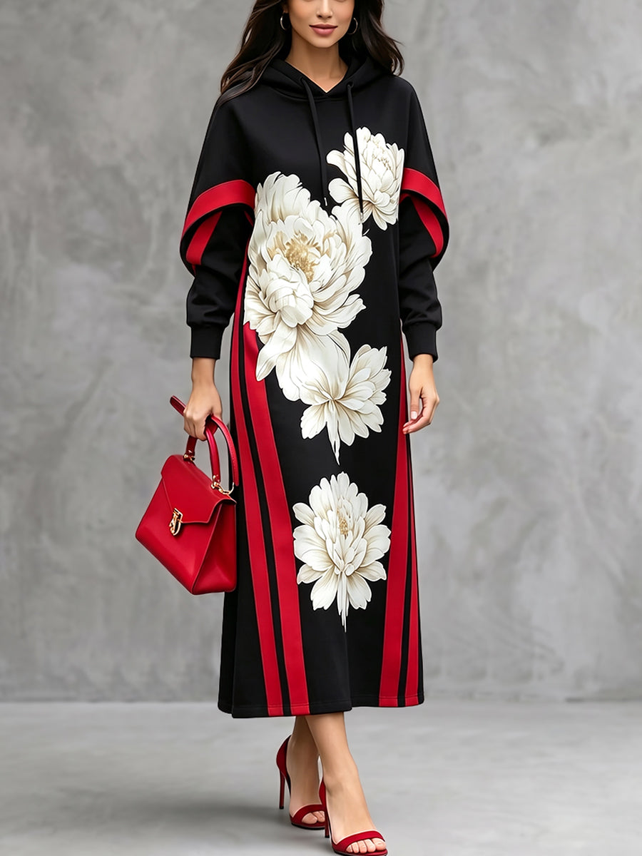 Robe longue femme à capuche et imprimé floral