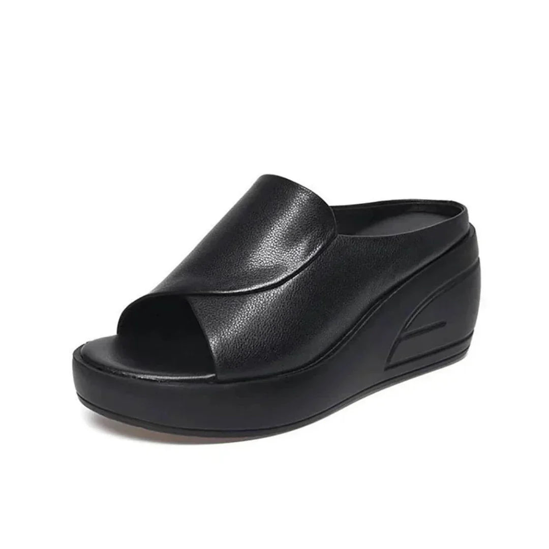 Mules compensées femme à bride large en PU