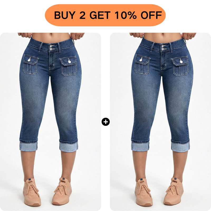 Pantalon Capri Femme Denim Stretch Ajusté Taille Mi-Haute