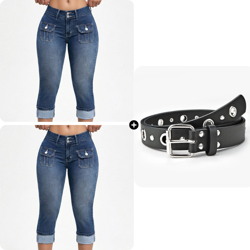 Pantalon Capri Femme Denim Stretch Ajusté Taille Mi-Haute
