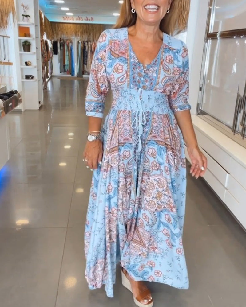 Robe maxi femme imprimée avec col V et taille ajustable