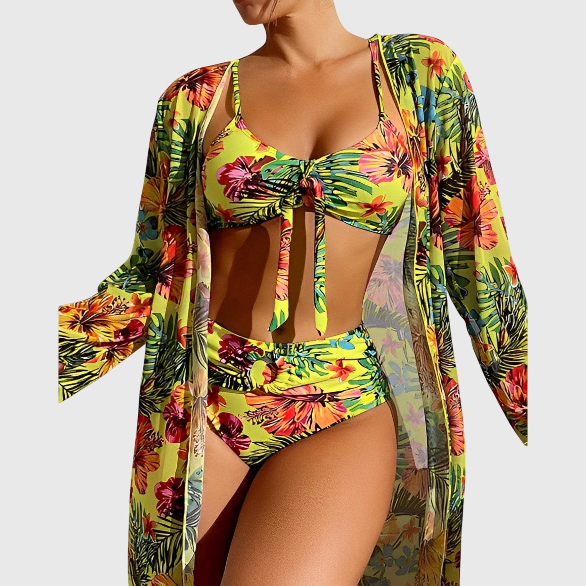 Bikini Trois Pièces Femme Imprimé Tropical Top Noué Kimono Assorti