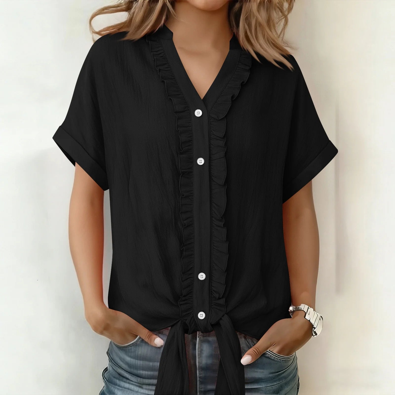 Blouse Femme Coton Col V Boutonnée Coupe Fluide Été