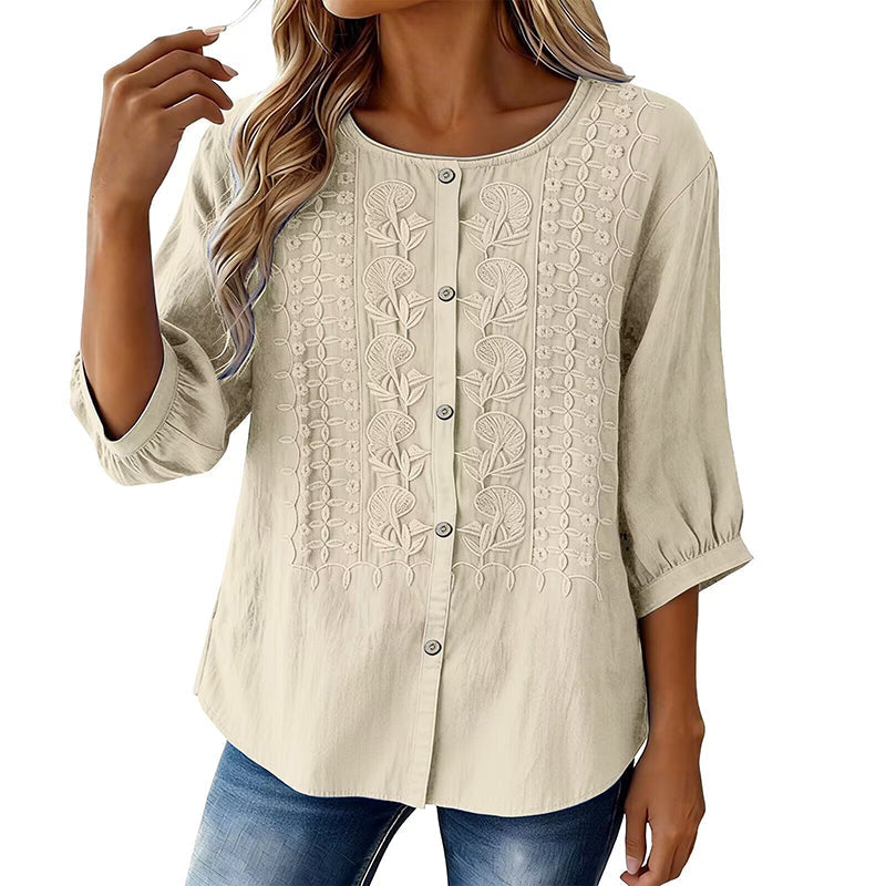 Blouse femme en coton et lin brodée à manches 3/4