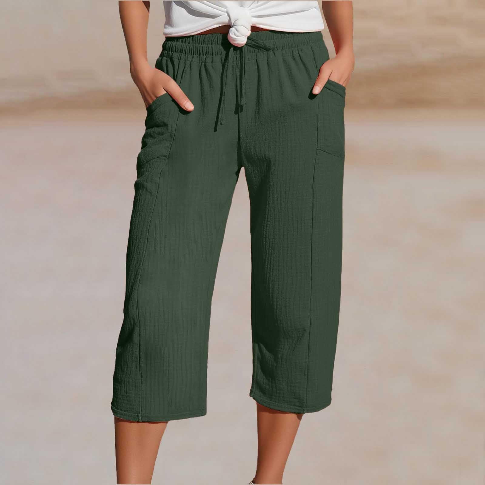 Pantalon cropped femme en coton et lin à taille élastique confortable