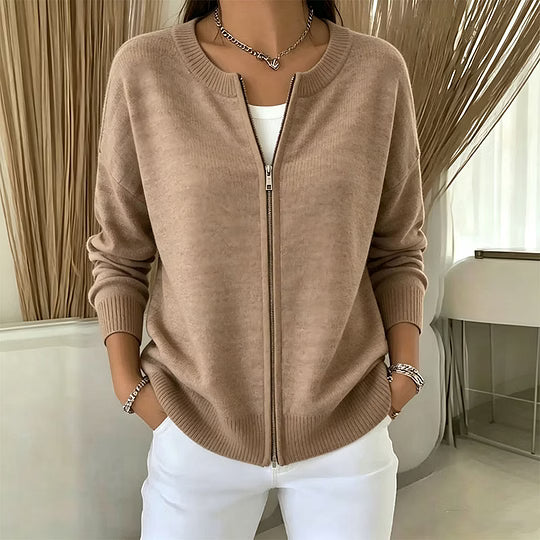 Cardigan en maille femme à col rond et fermeture zippée