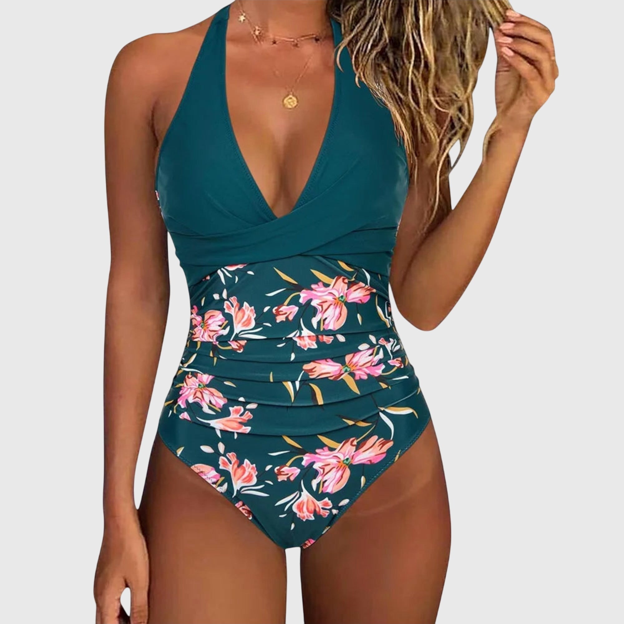 Maillot de Bain Une Pièce Femme Halter Col V Croisé Floral Froncé