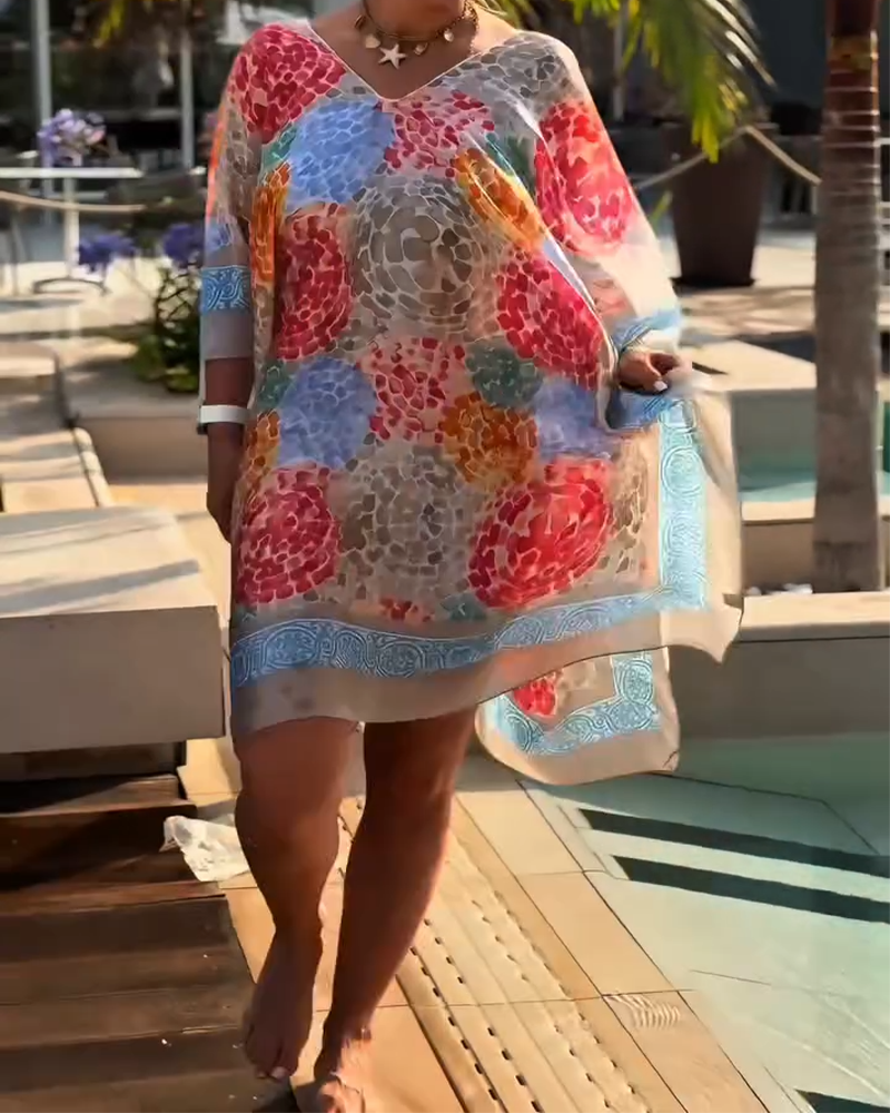 Robe de plage femme imprimée avec manches chauve-souris fluides