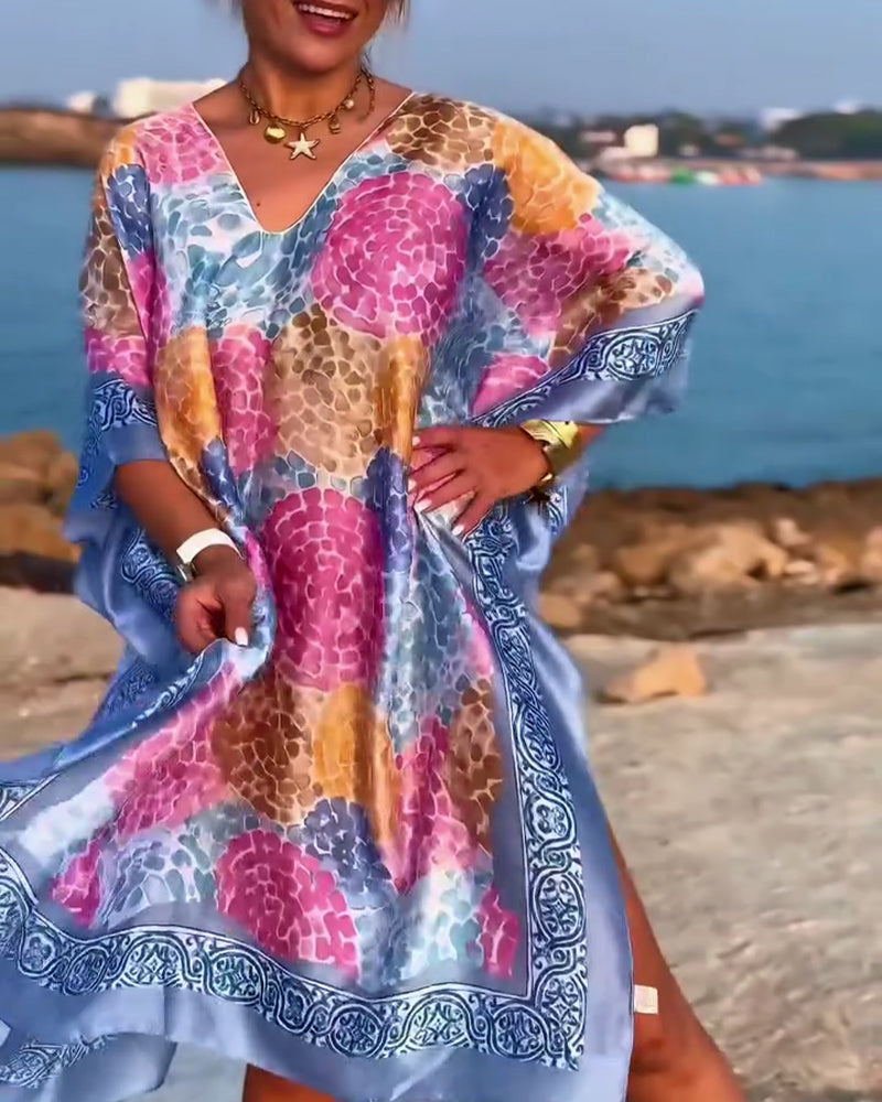 Robe de plage femme imprimée avec manches chauve-souris fluides