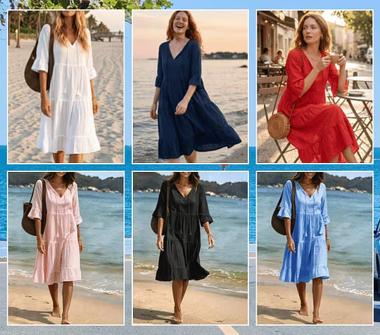 Robe midi femme en coton à col V et coupe fluide