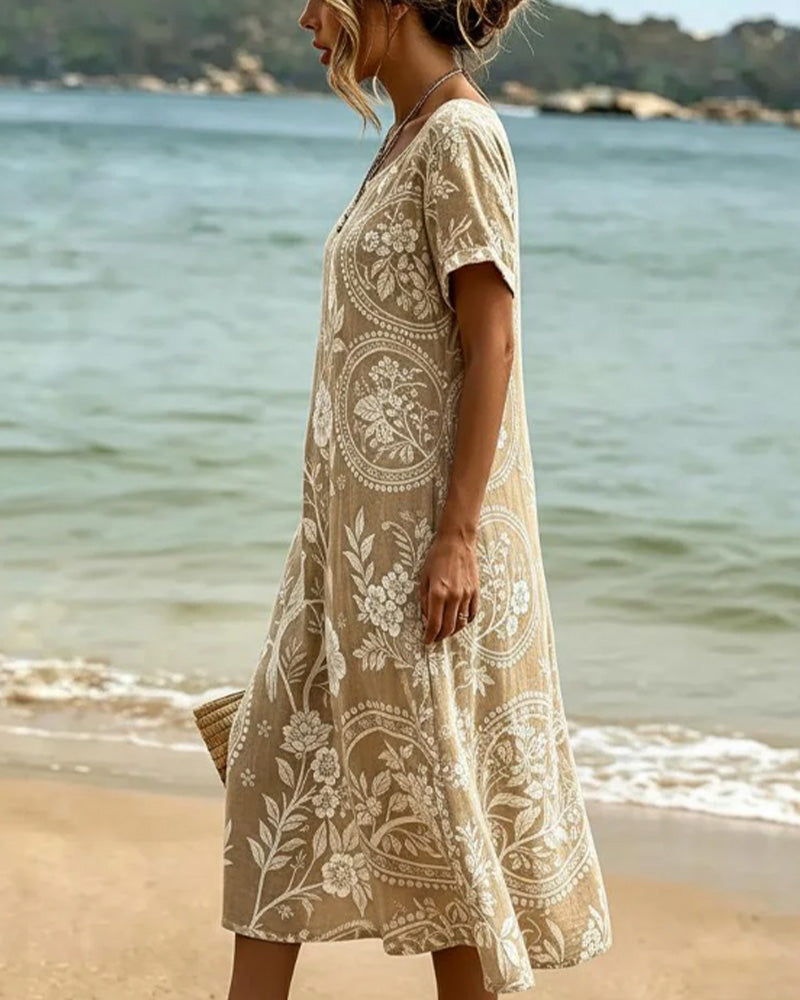 Robe midi femme à imprimé floral et oiseaux style bohème