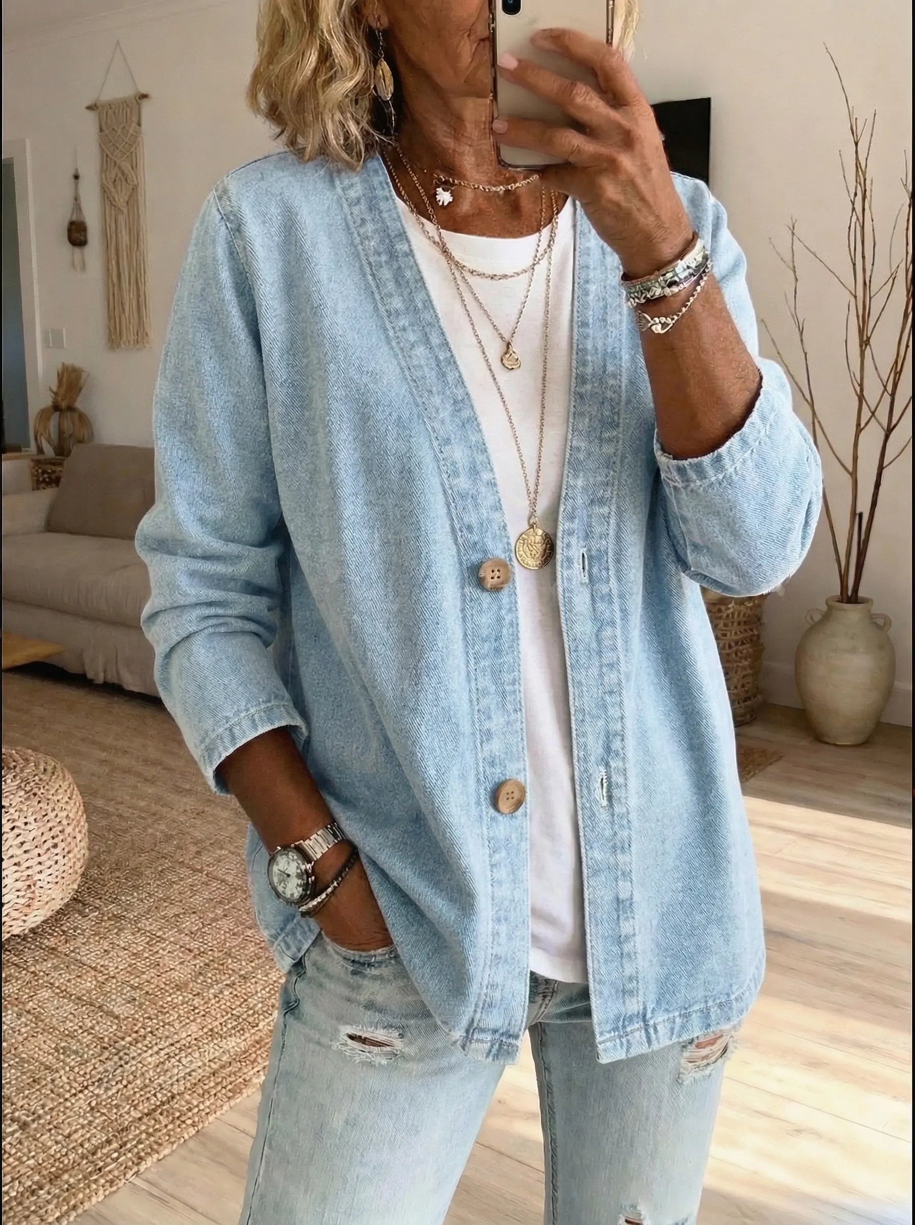 Veste Cardigan Femme Denim Décontracté Boutonné Style Moderne