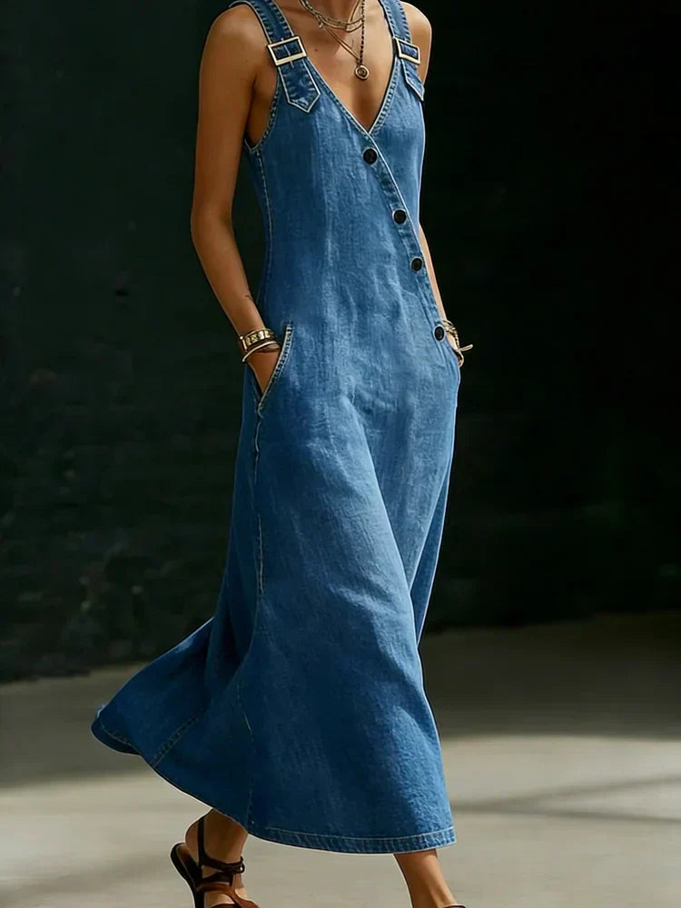 Robe longue femme en denim avec boutons asymétriques et bretelles à boucle
