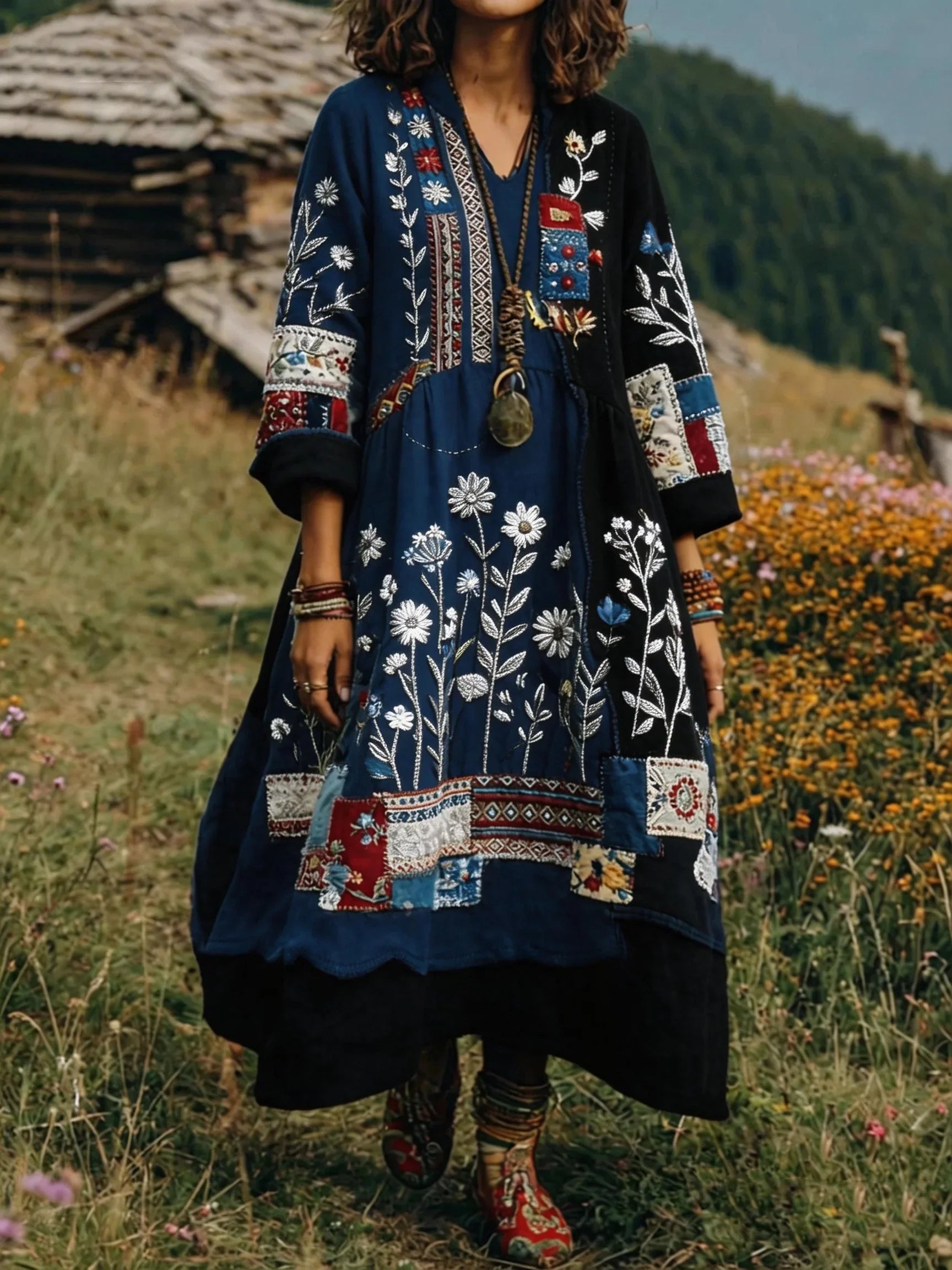 Robe Femme Bohème Patchwork Brodée Coupe Fluide Style Ethnique