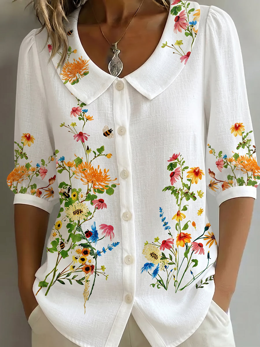 Blouse Femme Fleurie Coton Lin Style Vintage Élégant