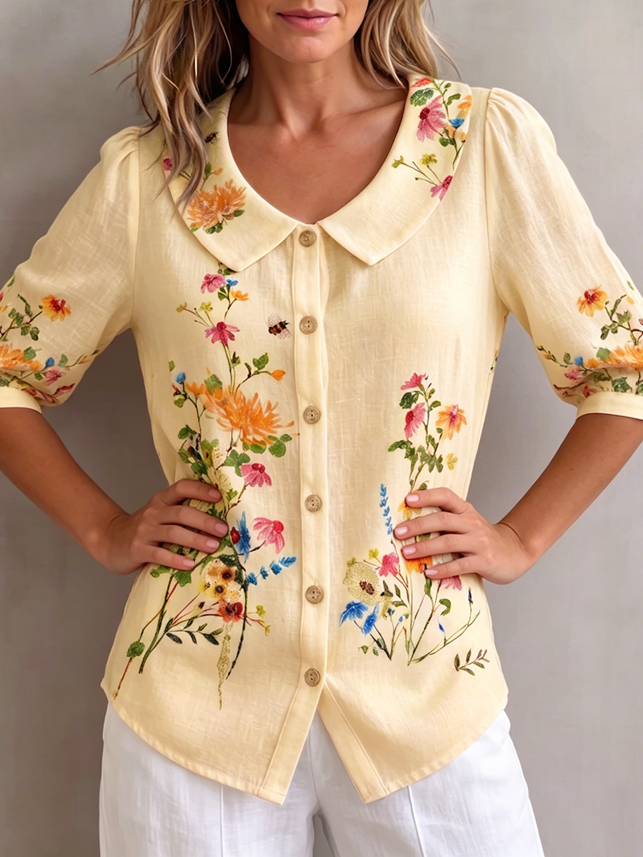 Blouse Femme Fleurie Coton Lin Style Vintage Élégant