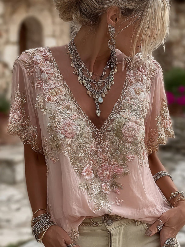 Blouse femme brodée à fleurs avec décolleté en V élégant