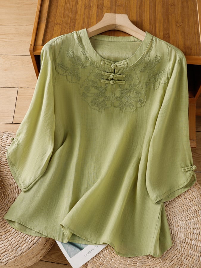 Top Femme Coton Lin Brodé Floral Col Rond Élégant Décontracté