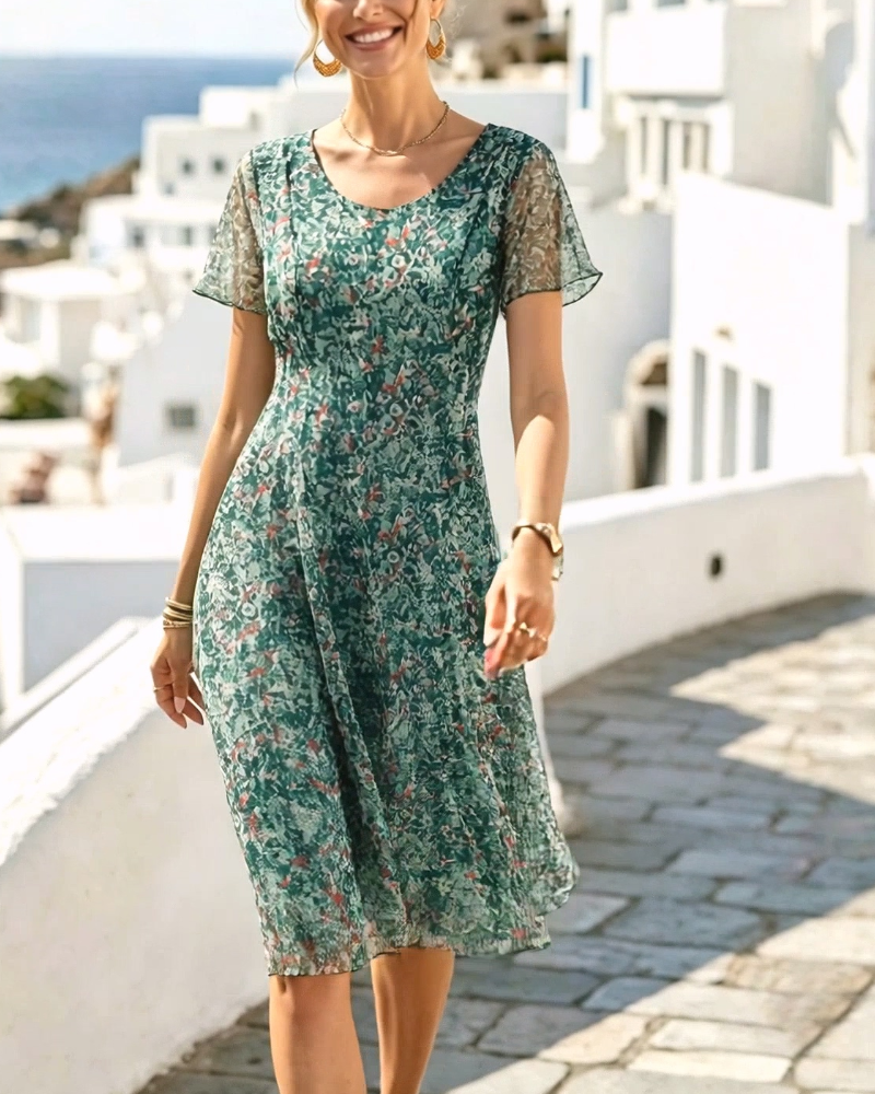 Robe femme florale coupe A avec manches courtes