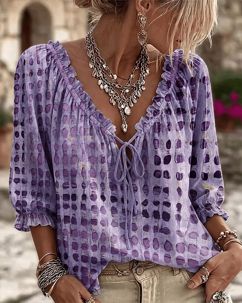Blouse femme bohème  à pois avec col V noué