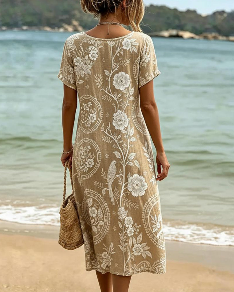 Robe midi femme à imprimé floral et oiseaux style bohème