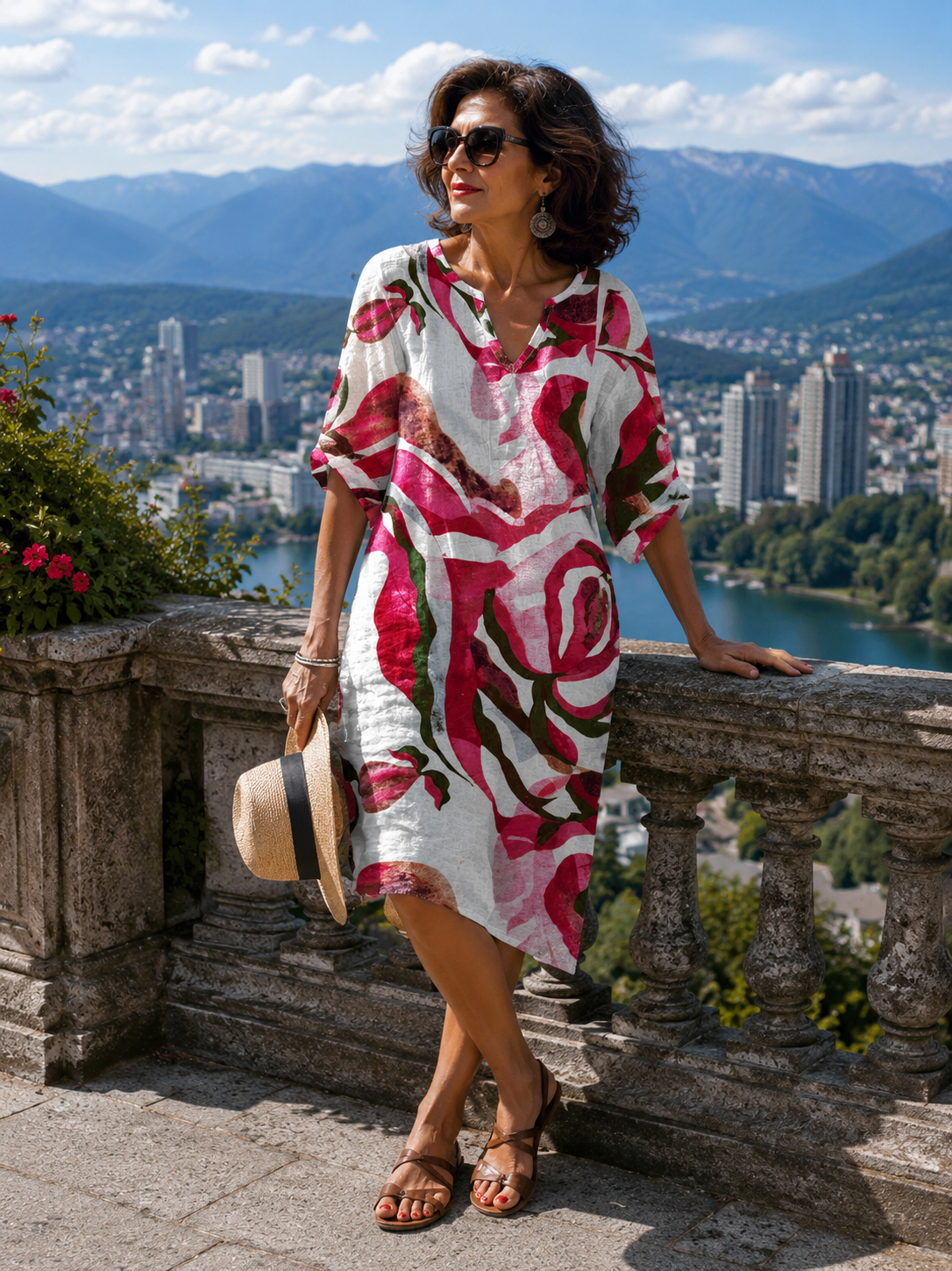 Robe d'été femme à imprimé abstrait et col V décontracté