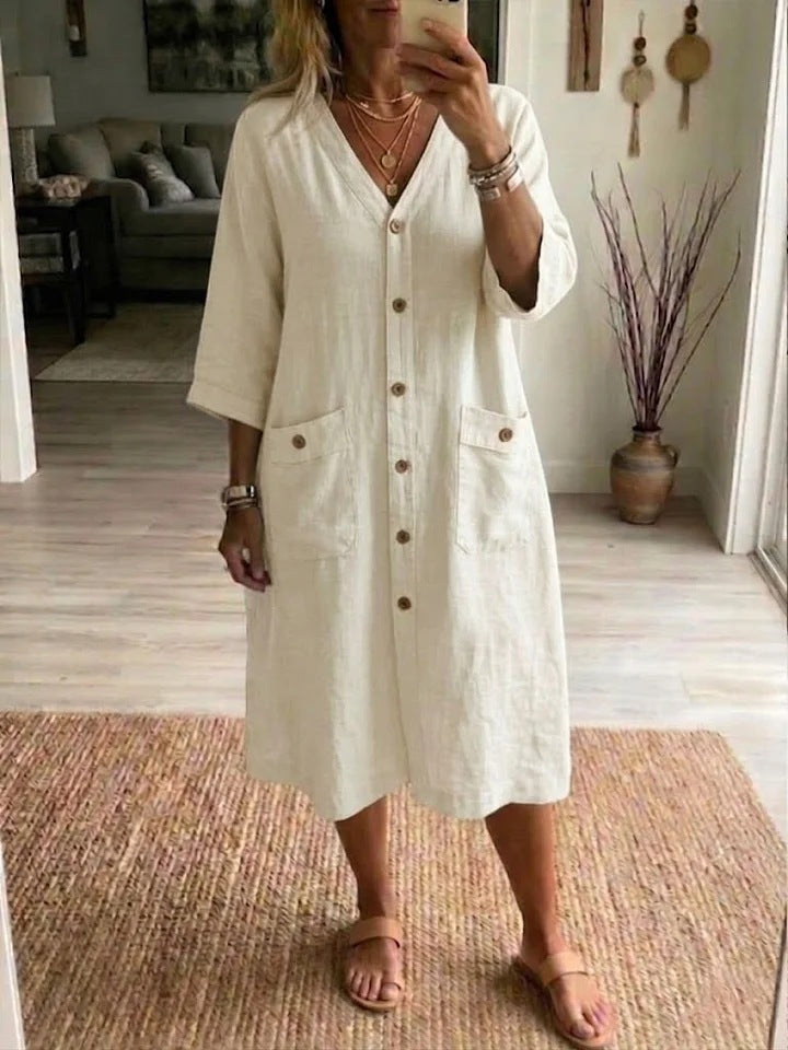 Robe Femme Midi Coton Lin Col V Boutonnée Coupe Ample Décontractée