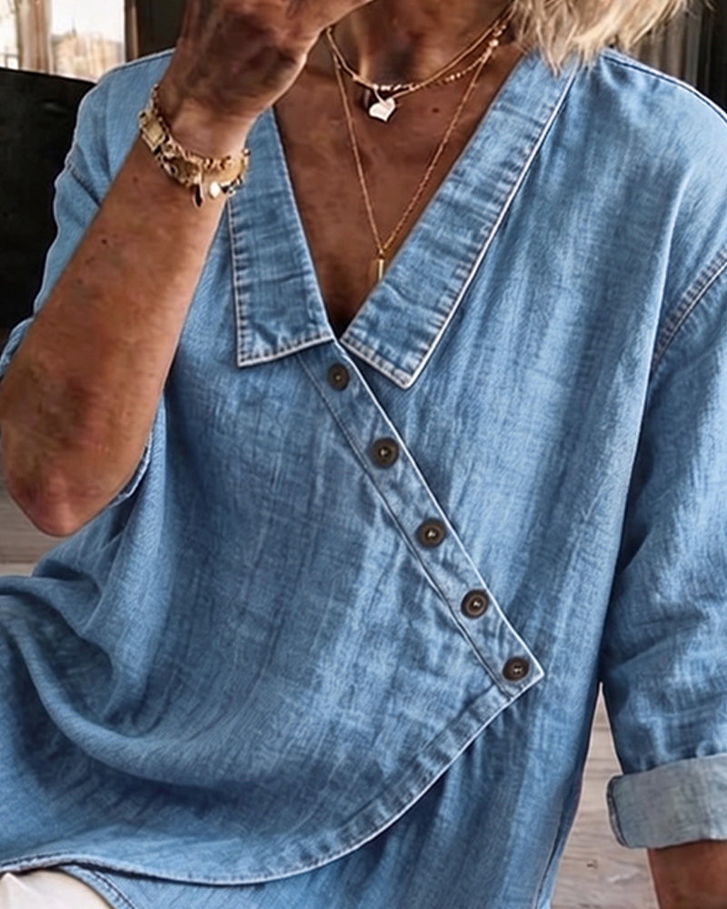 Blouse femme ample à boutons diagonaux style denim