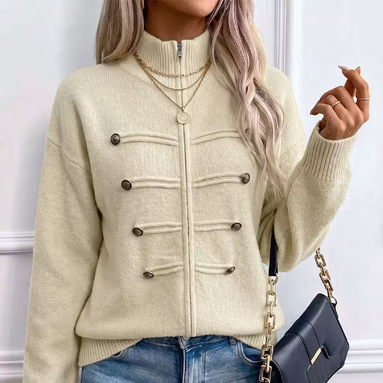Gilet en maille femme à col montant et boutons décoratifs