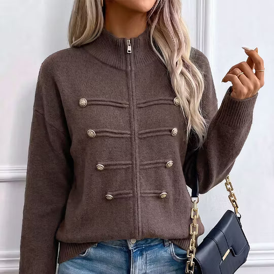 Gilet en maille femme à col montant et boutons décoratifs