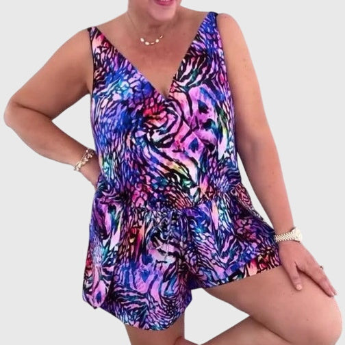 Robe Maillot de Bain Femme Imprimé Élégant Col V Sans Manches Été
